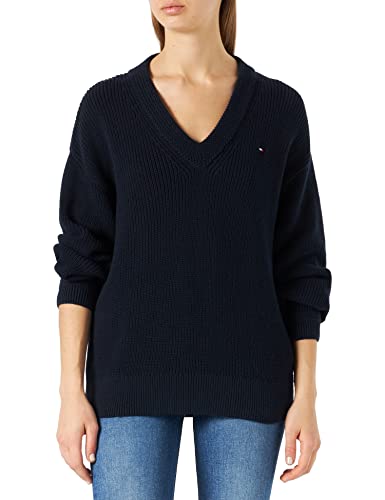 Tommy Hilfiger Damski sweter V-nk bawełniane prążkowane swetry z dzianiny, Pustynne niebo, S
