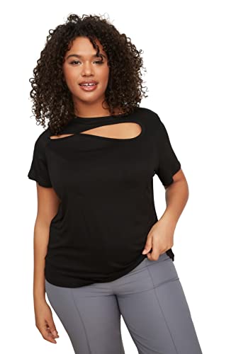 Trendyol Damska bluzka plus size, dopasowana, podstawowa, okrągły dekolt, dzianina, plus size, Czarny, XXLus
