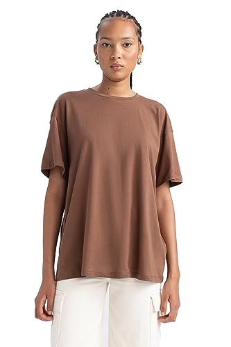 DeFacto Damska koszulka – klasyczna koszulka oversize dla kobiet – wygodna koszulka dla kobiet, brązowy, XL