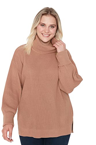 Trendyol Damska bluza z golfem, jednokolorowa, regularna, plus size, wielbłądzi, 4XL, Wielbłądzi