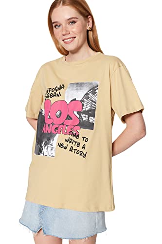 Trendyol Damska koszulka z dzianiny Boyfriend Basic z okrągłym dekoltem, beżowa, M, BEŻOWY, M