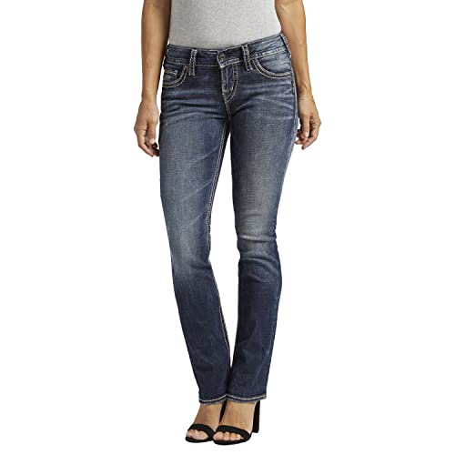 Srebrne dżinsy damskie curvy fit środkowy wzrost proste nogi jeans, Vintage Dark Wash z dzianiną Lurex, 29W / 32L