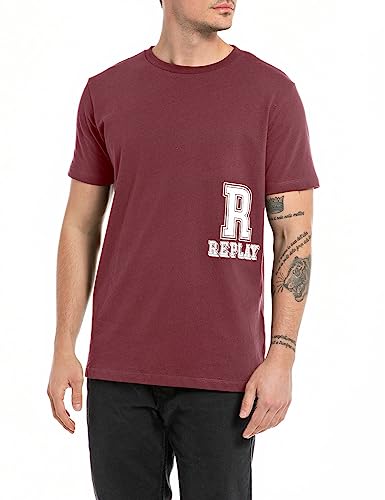 Replay Męski T-shirt z krótkim rękawem, okrągły dekolt, logo, czerwony (Amaranth Red 164), L, Amaranth Red 164, L