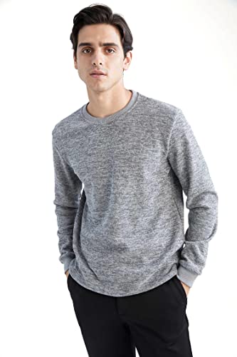 DeFacto Męski sweter z długim rękawem - okrągły dekolt bluza męska (szary melanż, M), szary melanż