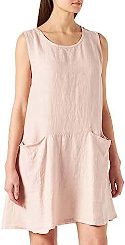 Bonateks, Krótka sukienka z zawiniętym okrągłym kołnierzem i kieszeniami, 100% len, rozmiar DE:42 rozmiar US: XL, satyna - wyprodukowano we Włoszech, Rosa, 42