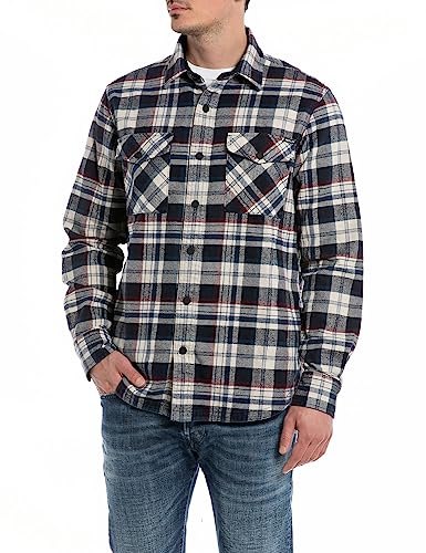 Replay Koszula męska regular fit, 010 Navy/Lt Cream/Lt Blue, L