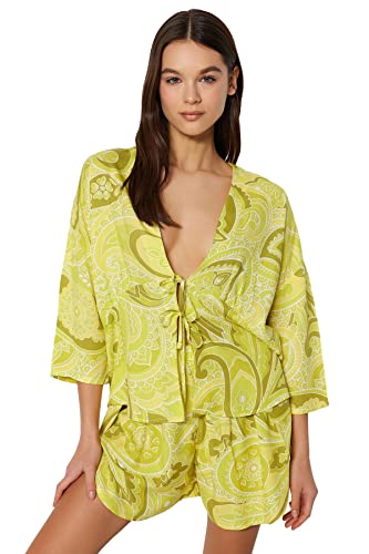 Trendyol Damska koszula z grafiką - krótka piżama zestaw, żółty, 36, ŻÓŁTY, 62