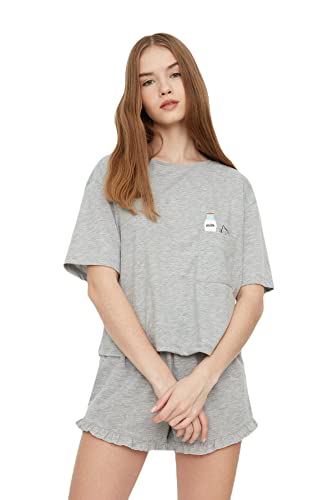 Trendyol Damska koszulka z dzianiny z jednolitym detalem z dzianiny środkowej — krótki zestaw piżamowy, szary, XS