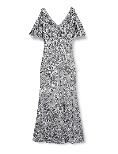 Gina Bacconi Długa sukienka z dekoltem w serek, cekinowa sukienka z zimnymi ramionami, trzepoczące rękawy, srebrna, 20, Srebrny, 46