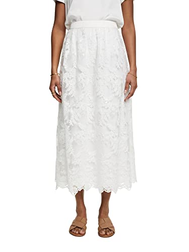 ESPRIT Collection Spódnica midi z haftowanymi kwiatami, Off White, S