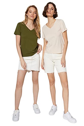 Trendyol Damska koszulka basic basic z dzianiny z dekoltem w serek, khaki, beżowy, L, Khaki-beżowy, L