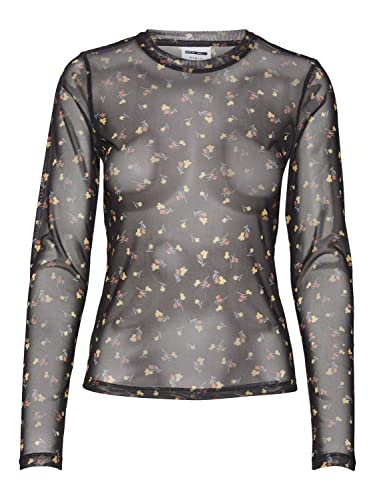 Bestseller A/S Damska koszulka z długim rękawem Nmjudith L/S Mesh Top Bg Noos, Czarny/Aop: kwiatowy, XL