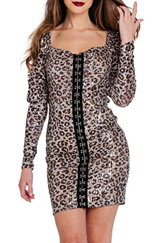 Pretty Darling Damska sukienka z cekinami w panterkę z długim rękawem i haftem w kształcie serca mini bodycon sukienka na imprezę formalna noc, Multi, 8, multi, 34