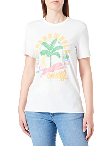 ONLY Women's ONLLUCY REG S/S Palm Tiger TOP Box JRS T-Shirt, Cloud Dancer/nadruk: Unknowable, M, Cloud Dancer/druk: nienowable, M