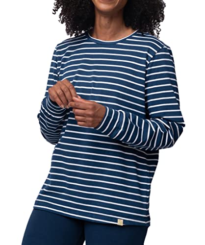 greenjama Damska koszulka z długim rękawem w paski, certyfikat GOTS górna część piżamowa, ultramaryna, 36, Ultramaryna, 36