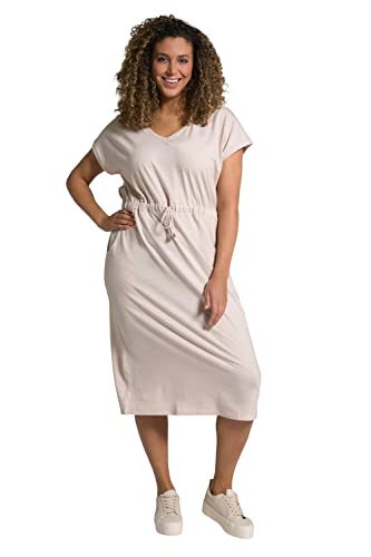 Ulla Popken Damska sukienka midi w paski, oversized, dekolt w serek, sukienka z półrękawami, suchy piasek, 50/52