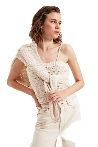 Trendyol Damski sweter z dekoltem w serek, zwykły, kamienny, S, KAMIEŃ, S