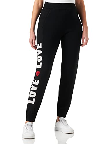 Love Moschino Jogger Fit Love Piquet żakardowe wstęgi i serce z logo Embroidery spodnie damskie o luźnym kroju, Czarny, 38