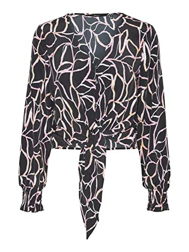 VERO MODA Women's VMNYA Catch LS TIE Shirt WVN Top, Black/AOP: Nina, S, czarny/kolor: nina, S