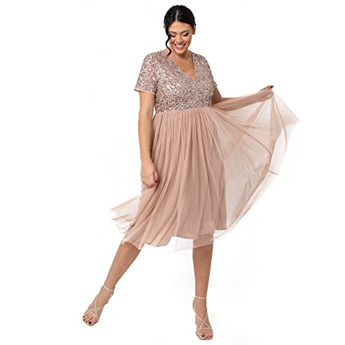 Maya Deluxe Damska sukienka midi z dekoltem w serek, ozdobiona sukienka druhny, taupe Blush, 54