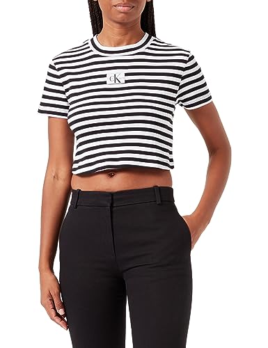 Calvin Klein Jeans Paski Baby Tee Inne Dzianiny Topy Damskie, Ck Black/Bright White, XL
