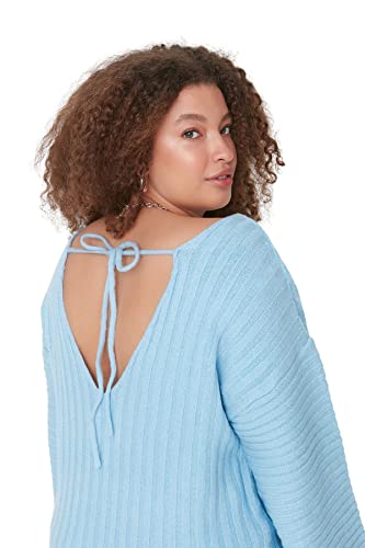 Trendyol Damska bluza z dekoltem w serek, jednokolorowa, luźna, plus size, niebieska, 3XL, NIEBIESKI