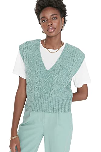 TRENDYOL Damska kamizelka z dekoltem w serek, jednokolorowa, regularna, dziergana kamizelka, zielona, L, zielony, L