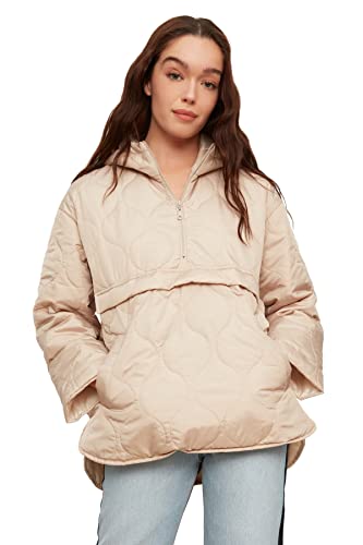 Trendyol Damska kurtka z kapturem, oversize, ponadwymiarowa, tkana kurtka, BEŻOWY, L