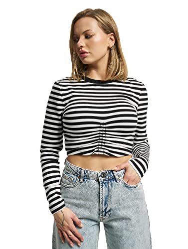 ONLY Women's ONLMALOU L/S Ruching TOP Box JRS koszulka z długim rękawem, czarna/paski: Cloud Dancer, L, Black/Stripes:cloud Dancer, L
