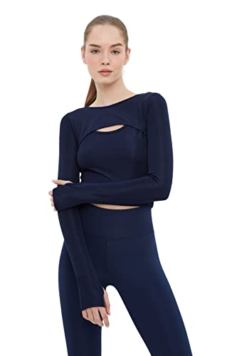 Trendyol Damska odzież sportowa Crop standardowa dzianinowa bluzka z okrągłym dekoltem, Indygo, XS