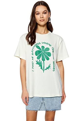 Trendyol Damska koszulka z dzianiny z okrągłym dekoltem i okrągłym dekoltem, ecru, S, Ecru, S