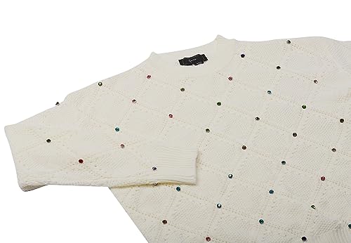 faina Damski sweter z dzianiny z wzorem w kratkę, z nitami drążonymi wełnianymi, rozmiar XS/S, biały (wollweiss), XL