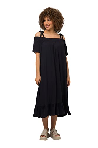 Ulla Popken Damska sukienka midi Volant, linia A, wycięcie typu carmen, sukienka z półrękawami, Black Beauty (kolor zamienny), 50/52