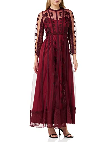 Frock and Frill Damska kwiecista haftowana sukienka na specjalne okazje, bordowa, 10, Burgund, 36