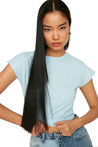 Trendyol Women's jasnoniebieska koszula z kratką zbiorów, szczegółowa bluzka z dzianiny, Clear Blue, ekstra mała