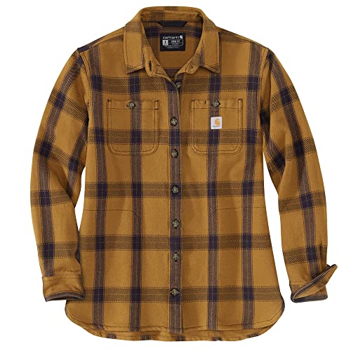 Carhartt Damska koszula z długim rękawem w kratkę z luźnym krojem, ciężka koszula robocza z guzikiem, Carhartt brązowy, L