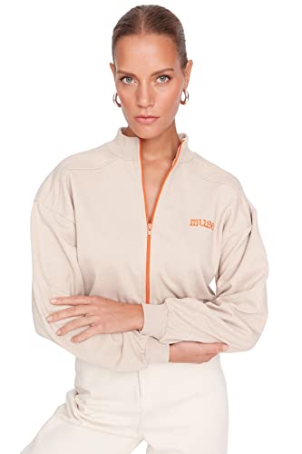 TRENDYOL Damska bluza stojąca z kołnierzykiem, podkreślająca figurę, beżowy, M