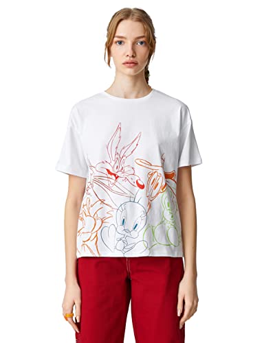 Koton Looney Tunes T-shirt damski z nadrukiem z krótkim rękawem, Ecru (010), M