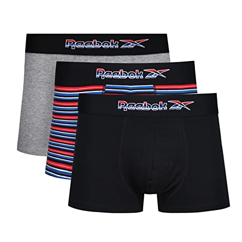 Reebok Męskie super miękkie bokserki, krótki materiał bawełniany, szary/czarny/czerwony pasek z kontrastowym elastycznym ściągaczem – opakowanie 3 szt, Szary Marl/czarny/czerwony pasek, L