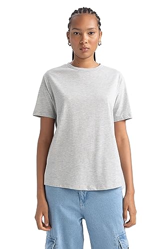 DeFacto Damska koszulka – klasyczna koszulka basic dla kobiet – wygodna koszulka dla kobiet, szary melanż, XS