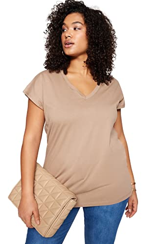 Trendyol Damska koszulka damska o luźnym kroju basic dekolt w serek dzianina plus size, Norka, 5XL (Duże Rozmiary)