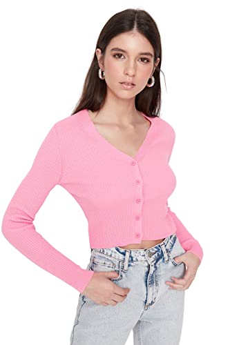 Trendyol Damski slim basic dekolt w serek dzianinowy kardigan, różowy, L