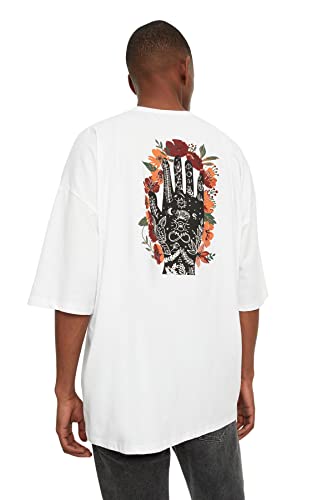 TRENDYOL Męski t-shirt z krótkim rękawem i okrągłym kołnierzem, oversize, rozmiar uniwersalny, biały, XS