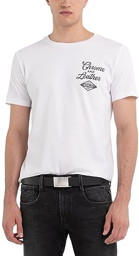 Replay Męski T-shirt z krótkim rękawem, okrągły dekolt, chrom i skóra, biały (White 001), L, Biały 001, L