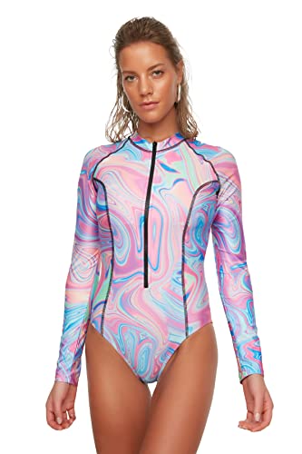 Trendyol Women's abstrakcyjny wzór długi rękaw kołnierz tematyczny kostium kąpielowy One Piece Swimsuit, wielokolorowy, 34