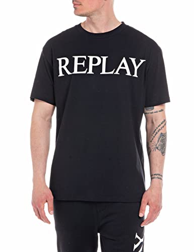 Replay T-shirt męski z krótkim rękawem z nadrukiem logo, 098 BLACK, M