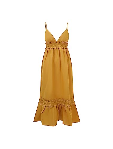 BALOU Damska bawełniana lniana sukienka maxi, musztardowa, UK 8, Musztarda, 34