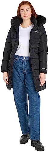 Calvin Klein Jeans Damskie płaszcze ze sztucznego futra z kapturem, dopasowane, długie, wyściełane płaszcze JKT, Czarny, XXS