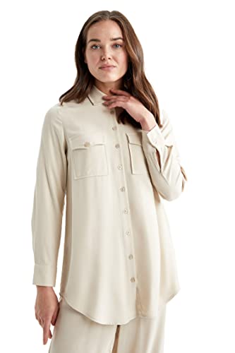 DeFacto Damska bluzka z długim rękawem, koszula z guzikami, do noszenia na co dzień, Stone, S