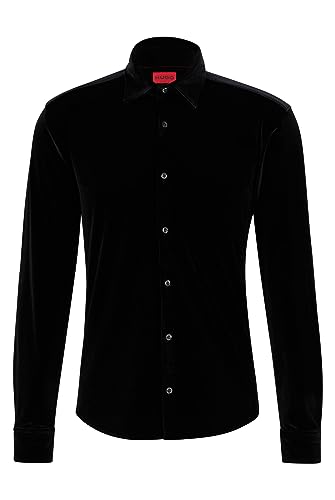 HUGO Męska koszula Ermo Slim Fit z sezonowym nadrukiem na płótnie, Czarny, M